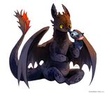  black_scales blue_fur bluekomadori cute dragon eye_contact feral fur hanging holding how_to_train_your_dragon lilo_and_stitch night_fury plain_background simple_background sitting smile stitch tail_fin toothless white_background wings 