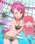  artist_request bikini bikini_shorts idolmaster idolmaster_million_live! kickboard maihama_ayumu multicolored_hair navel official_art one_eye_closed pink_eyes pink_hair pool poolside short_hair shorts solo swimsuit water 