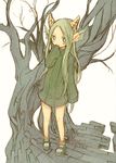  bare_legs blue_eyes bottomless full_body green_hair green_shirt hair_down horns long_hair miyako_(naotsugu) pointy_ears puyopuyo puyopuyo_fever rider_(puyopuyo) shirt shoes sleeves_past_wrists solo tree 