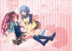  2girls apple apron blue_eyes blue_hair kneehighs long_hair mahou_shoujo_madoka_magica miki_sayaka red_eyes red_hair sakura_kyouko sha skirt socks 