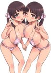  :o ;) asymmetrical_docking bikini blush bow breast_press breasts brown_eyes brown_hair frilled_bikini frills hair_bow holding_hands honoji huge_breasts multiple_girls one_eye_closed open_mouth original revision shiny shiny_skin siblings sisters smile swimsuit twins twintails v 