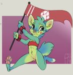  2018 anthro blue_eyes bottomless bra canine clothed clothing featureless_crotch female flag fur green_fur hindpaw mammal mostly_nude navel pawpads paws reign-2004 simple_background solo underwear 