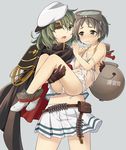  bad_id bad_pixiv_id blush brown_eyes cape carrying crying crying_with_eyes_open diving_mask diving_mask_on_head eyepatch green_eyes green_hair grey_hair hat japanese_flag kantai_collection kiso_(kantai_collection) maru-yu_(kantai_collection) midriff multiple_girls navel open_mouth princess_carry remodel_(kantai_collection) school_swimsuit school_uniform serafuku short_hair skirt swimsuit taranbo tears torn_clothes torn_swimsuit white_school_swimsuit white_swimsuit 