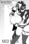  areolae breasts character_name cleavage condom condom_packet_strip condom_wrapper cowboy_hat earrings gloves greyscale hat huge_breasts jewelry leaning_forward licking_lips long_hair low_twintails monochrome nico_robin one_piece one_piece_film_z rebis short_shorts shorts solo standing thigh_strap thighhighs tongue tongue_out twintails 