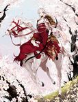  arrow bow_(weapon) cherry_blossoms flower highres horse izumi_(nagashi) japanese_clothes long_hair original tree weapon white_hair white_horse 