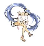  alternate_color bare_legs beats_by_dr._dre blue_eyes blue_hair blush cable cakeoflime choker digital_media_player flower hair_flower hair_ornament halterneck hatsune_miku headphones high_heels highres long_hair miniskirt sketch skirt smile solo thigh_strap twintails very_long_hair vocaloid 