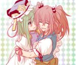  argyle argyle_background blush green_hair hair_bobbles hair_ornament hug kitsune_maru multiple_girls onozuka_komachi open_mouth red_hair shiki_eiki simple_background sweatdrop touhou two_side_up 