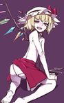  barefoot blonde_hair collar fang flandre_scarlet flat_chest hands_on_own_knee hat kneeling leash looking_back open_mouth panties purple_background red_eyes simple_background skirt skirt_lift smile solo thupoppo topless touhou underwear wings 