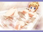  2010 alternate_hairstyle areolae artist_name bathing bathroom bathtub blush breasts closed_mouth dutch_angle hair_ornament hair_up hairclip hand_on_own_cheek hand_on_own_stomach highres hiiragi_akao indoors jinki jinki_extend_re:vision large_breasts letterboxed looking_at_viewer navel nipples nude official_art partially_submerged smile solo tile_wall tiles tsunashima_shirou water watermark 