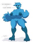  2019 areola avian beak big_breasts bird blue_feathers blue_nipples breasts dialogue feathers female huge_breasts looking_at_viewer nipples nude open_mouth pussy simple_background solo spotty_the_cheetah thick_thighs tweetfur twitter white_background 