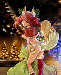  absurdres animal_ears ass asymmetrical_legwear blurry bokeh capelet depth_of_field fate/extra fate_(series) fox_ears fox_tail hair_ribbon highres pink_hair ribbon sack santa_costume scarlet_dango single_thighhigh solo tail tamamo_(fate)_(all) tamamo_no_mae_(fate) thighhighs twintails yellow_eyes 