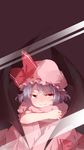  against_fourth_wall against_glass bat_wings fang fang_out fourth_wall hat hat_ribbon highres knees_to_chest lavender_hair leg_hug looking_at_viewer mob_cap phone_wallpaper pout puffy_short_sleeves puffy_sleeves purple_background red_eyes remilia_scarlet ribbon short_hair short_sleeves shuzi sitting skirt skirt_set solo tears touhou wings 