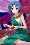  barefoot blue_eyes blue_hair chie_rumiko curry food highres higurashi_no_naku_koro_ni indian_clothes ladle plate pot rice sari sitting smile uzu_hi yokozuwari 