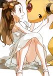  ampharos bow bow_dress brown_eyes brown_hair dress emunise gen_2_pokemon hair_bobbles hair_ornament long_hair mikan_(pokemon) open_mouth panties pantyshot pantyshot_(sitting) pokemon pokemon_(creature) pokemon_(game) pokemon_gsc sitting sleeveless sleeveless_dress two_side_up underwear white_dress white_panties 