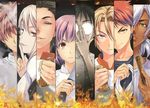  6+boys arato_hisako black_hair blonde_hair blue_eyes brothers brown_eyes chef chef_uniform column_lineup fire glasses green_eyes hayama_akira highres ibusaki_shun isami_aldini knife marui_zenji multiple_boys multiple_girls nakiri_alice purple_hair red_eyes red_hair saeki_shun shokugeki_no_souma short_hair siblings silver_hair takumi_aldini twins yellow_eyes yukihira_souma 