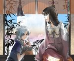  bamboo black_hair book bow bowtie full_moon houraisan_kaguya long_hair moon moros multiple_girls no_hat no_headwear open_book profile reading silver_hair touhou wide_sleeves window yagokoro_eirin 