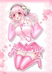  blush boots breasts cosplay food hatsune_miku headphones highres large_breasts long_hair macaron nitroplus open_mouth pink_footwear pink_hair sakura_miku sakura_miku_(cosplay) sakurapink77 smile super_sonico thighhighs vocaloid 