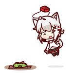  &gt;_&lt; animal_ears arm_up bad_id bad_pixiv_id bone bowl closed_eyes cloth dog_food fang happy hat highres inubashiri_momiji jumping navel nuu_(nu-nyu) open_mouth short_hair silver_hair smile tail tokin_hat touhou wolf_ears wolf_tail 