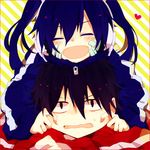  1girl bad_id bad_pixiv_id black_hair blue_hair blush cheek_pull closed_eyes ene_(kagerou_project) head_on_head headphones heart jacket kagerou_project kisaragi_shintarou long_hair motineko on_person open_mouth short_hair smile striped striped_background sweatdrop track_jacket twintails wavy_mouth 
