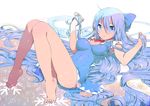  absurdly_long_hair ass bad_id bad_pixiv_id bare_legs barefoot blue_eyes blue_hair blue_skirt bow breasts cirno commentary feet full_body hair_bow hands_in_hair large_breasts long_hair looking_at_viewer lying older on_back open_mouth puffy_sleeves shirt short_sleeves skirt solo touhou undersized_clothes very_long_hair yamada_ranga 