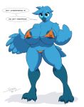  2019 areola avian beak big_breasts bikini bird blue_feathers blue_nipples breasts clothing dialogue feathers female huge_breasts looking_at_viewer nipple_bulge nipples open_mouth simple_background solo spotty_the_cheetah swimsuit thick_thighs tweetfur twitter white_background 