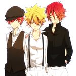  3boys child g_(reborn) giotto hat katekyo_hitman_reborn! male male_focus multiple_boys pants red_eyes red_hair shirt simple_background standing suspenders t-riku vest vongola_primo vongola_secondo white_background 