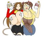  2girls blush breasts brown_hair cow_girl cow_girl_(hataraki) curvy happy huge_breasts long_hair looking_at_viewer matsu-sensei mattie_(matsu-sensei) multiple_girls open_mouth pasties short_hair short_twintails simple_background smile sukimi_(hataraki) twintails white_background wink 