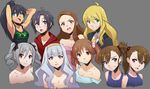  antenna_hair armpits asymmetrical_hair black_hair blue_eyes blush brazilian_flag breasts brown_hair cleavage collage drill_hair earrings fang forehead futami_ami futami_mami ganaha_hibiki grey_background grin hair_bobbles hair_ornament hair_ribbon highres hood hoodie hoop_earrings hoshii_miki idolmaster idolmaster_(classic) jewelry kanzaki_ranko kikuchi_makoto long_hair medium_breasts minase_iori multiple_girls necktie nude one-piece_swimsuit ponytail purple_eyes red_eyes ribbon school_swimsuit shijou_takane short_hair side_ponytail silver_hair smile spike_wible swimsuit textless totoki_airi twin_drills twintails upper_body 