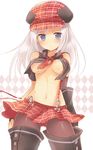  alisa_ilinichina_amiella bad_id bad_pixiv_id blue_eyes blush boots breasts god_eater hat medium_breasts no_bra pantyhose plaid skirt solo suspender_skirt suspenders teu_(navy) thigh_boots thighhighs underboob white_hair 