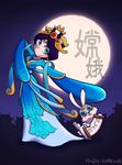  artist_name black_hair blue_dress blue_eyes bunny chang'e character_name chinese_clothes dress moon moon_rabbit original scroll short_hair signature solo sonakton 