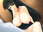  1boy 1girl areolae black_hair blush breasts cleavage collarbone green_eyes huge_breasts kaimantokage long_hair nipples open_mouth shiny shiny_skin spread_legs 