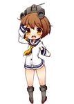  bad_id bad_pixiv_id bangs blush brown_eyes brown_hair chibi dress hair_ornament kantai_collection kinakomoti looking_at_viewer open_mouth sailor_dress salute short_hair simple_background solo white_background yukikaze_(kantai_collection) 