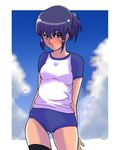  arms_behind_back black_hair black_legwear blue_sky blush breasts buruma cloud day embarrassed full-face_blush green_eyes original raglan_sleeves shirt short_ponytail sky small_breasts solo t-shirt thighhighs tzxccx 