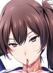  arrow brown_eyes brown_hair close-up kaga_(kantai_collection) kantai_collection looking_at_viewer naughty_face ponytail saliva sexually_suggestive shino_(comic_penguin_club) side_ponytail solo sweat 