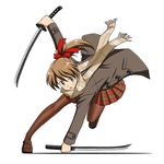  bent_over black_legwear blush bow brown_eyes brown_hair coat commentary dual_wielding fighting_stance hair_bow holding kodachi lielos miniskirt original pantyhose plaid plaid_skirt pleated_skirt poniko_(lielos) ponytail scarf short_sword skirt solo standing sword weapon white_background 