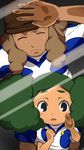  1girl black_eyes blush blush_stickers brown_hair closed_eyes earth_eleven green_hair inazuma_eleven_(series) inazuma_eleven_go inazuma_eleven_go_galaxy kusaka_ryuuji morimura_konoha open_mouth petagon soccer_uniform sportswear 