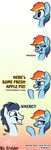  comic equine erudier female friendship_is_magic green_eyes hair horse male mammal multi-colored_hair my_little_pony plain_background pony rainbow_dash_(mlp) rainbow_hair smile soarin_(mlp) voice_actor_joke white_background wonderbolts_(mlp) 