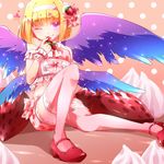  alternate_costume beatmania beatmania_iidx blonde_hair blush hair_ornament halo kou_saku_sena lowres male_focus multiple_wings one_eye_closed otoko_no_ko purple_eyes rche_(beatmania) shorts solo star thighhighs wings 