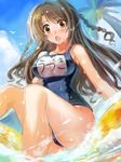  :o bare_shoulders braid breasts brown_eyes brown_hair edobox idolmaster idolmaster_cinderella_girls large_breasts long_hair looking_at_viewer one-piece_swimsuit open_mouth school_swimsuit shimamura_uzuki swimsuit twin_braids two_side_up 