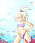  1girl bikini blush blush_stickers crobat garbodor grin gym_leader hair_bobbles hair_ornament homika_(pokemon) koffing navel pokemon pokemon_(game) pokemon_bw2 scolipede smile swimsuit teeth tentacruel topknot tornadus yilx 