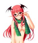  bat_wings bespectacled breasts glasses head_wings koakuma long_hair looking_at_viewer medium_breasts naked_scarf navel nude plaid pointy_ears red-framed_eyewear red_eyes red_hair scarf simple_background smile solo touhou unmoving_pattern white_background wings yumi_(careca398) 