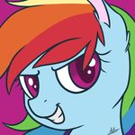  absurd_res equine female friendship_is_magic grin hair hi_res horse looking_at_viewer mammal multi-colored_hair my_little_pony pink_eyes portrait rainbow_dash_(mlp) rainbow_hair signature smile solo thezealotnightmare 