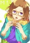  bad_id bad_pixiv_id brown_hair cream_puff eating food hachimine_takuma hood hoodie male_focus meganebu! purple_eyes shibanashi_miso solo 