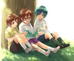  bad_id bad_pixiv_id blue_eyes blue_hair brown_eyes brown_hair full_body glasses hair_over_one_eye magazine male_focus meganebu! minabe_yukiya multiple_boys open_mouth outdoors semi-rimless_eyewear shibanashi_miso shorts smile souma_akira_(meganebu!) souma_hikaru tree under_tree 