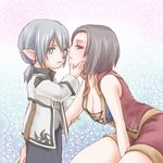  1girl between_legs breasts brown_eyes brown_hair cleavage final_fantasy final_fantasy_xi hand_between_legs hand_on_another's_face hume large_breasts leaning_forward looking_at_another looking_at_viewer open_clothes open_shirt profile sakutsuki shirt short_hair silver_eyes silver_hair size_difference tarutaru 