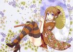  :d brown_hair flower gintama high_heels japanese_clothes kagura_(gintama) kazu kimono legs open_mouth parasol sitting smile striped striped_legwear thighhighs umbrella 