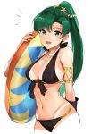  /\/\/\ 1girl :d absurdres armlet bare_arms bare_shoulders bikini bikini_tan black_bikini black_ribbon blush breasts cleavage collarbone cowboy_shot earrings erect_nipples eyebrows_visible_through_hair fire_emblem fire_emblem:_rekka_no_ken front-tie_bikini front-tie_top green_eyes green_hair groin hair_ornament hand_up high_ponytail highres holding innertube jewelry large_breasts long_hair looking_at_viewer lyndis_(fire_emblem) navel nintendo open_mouth ormille ribbon simple_background smile solo star star_hair_ornament stomach swimsuit tan tanline very_long_hair white_background 