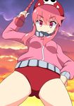  baton buruma cloud hand_on_hip hat jacket jakuzure_nonon kill_la_kill looking_at_viewer pink_eyes pink_hair shirika short_hair sidelocks sky smile solo track_jacket 