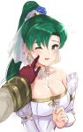  1girl bangs bare_shoulders blush breasts bridal_veil character_request cheek_poking cleavage collarbone detached_collar detached_sleeves dress earrings eyebrows_visible_through_hair fire_emblem fire_emblem:_rekka_no_ken flying_sweatdrops frilled_sleeves frills gloves green_eyes green_hair heart heart_in_eye high_ponytail highres jewelry large_breasts long_hair long_sleeves looking_at_viewer lyndis_(fire_emblem) necklace nintendo open_mouth ormille parted_bangs poking pov purple_gloves solo_focus strapless strapless_dress symbol_in_eye upper_body veil very_long_hair white_dress 