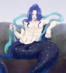  1boy blue_hair fishman_island fukaboshi male male_focus merman monster_boy one_piece prince sitting solo topless usaki1987 
